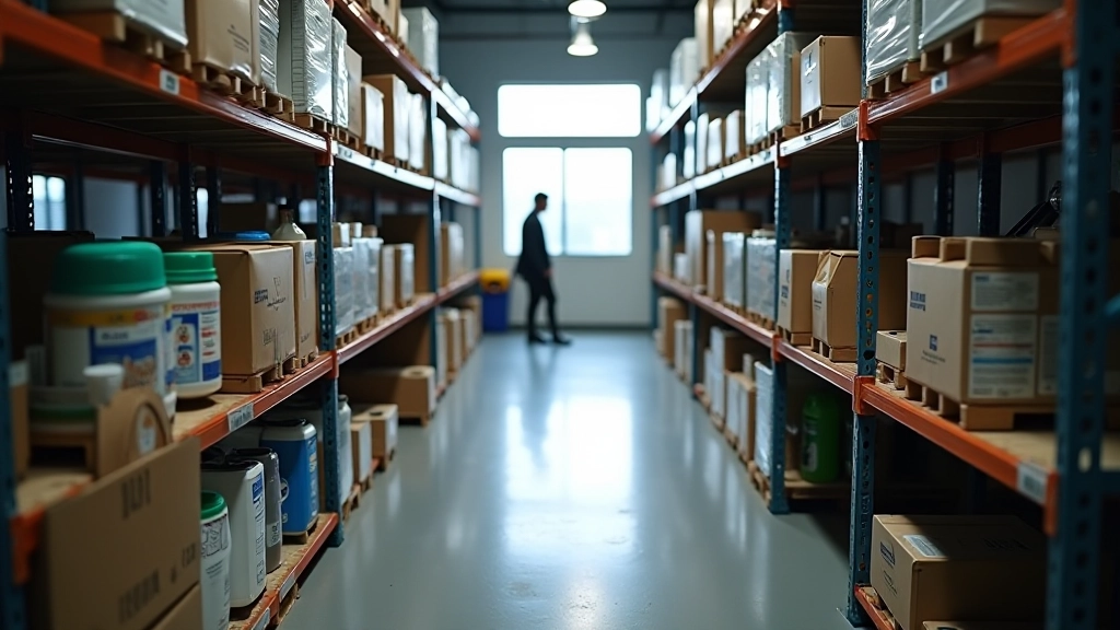 Organized storage area with labeled sustainable cleaning product containers and equipment in commercial facility