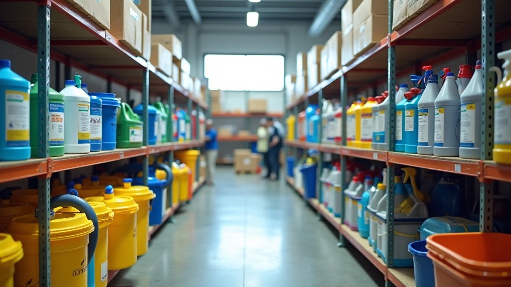 Shelves displaying essential cleaning supplies including mops, buckets, and chemical bottles