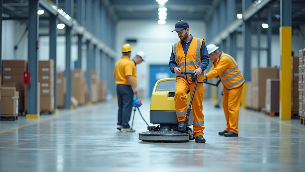Professional cleaning operations team using commercial floor scrubber equipment