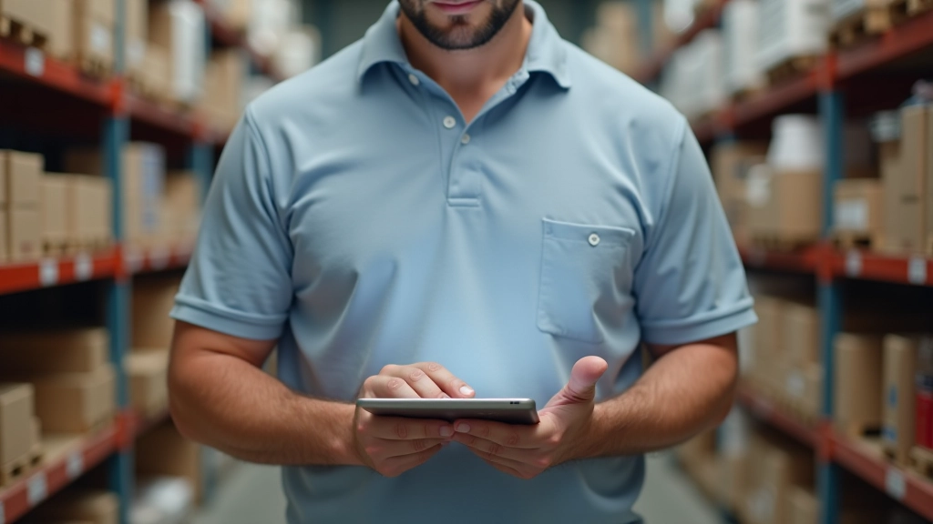 Facility manager checking inventory list on tablet in storage room
