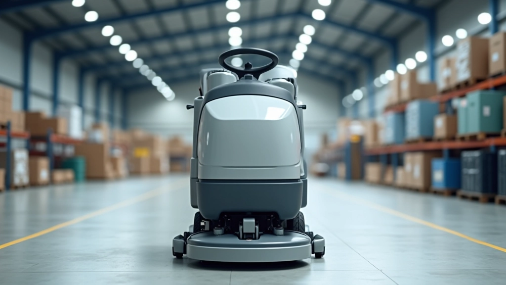 Commercial floor scrubber in modern warehouse facility with clean concrete floor and industrial lighting