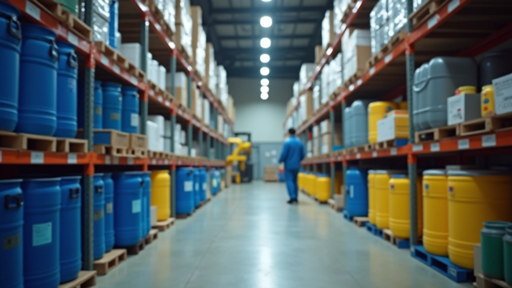 Bulk chemical containers and wholesale janitorial supplies in warehouse storage