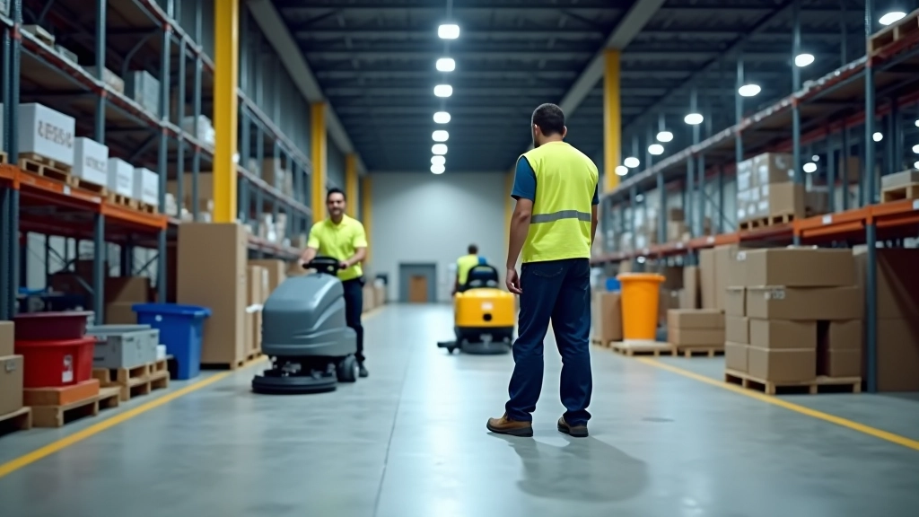 Comparison of walk-behind scrubber in narrow warehouse aisle and ride-on machine in open warehouse space