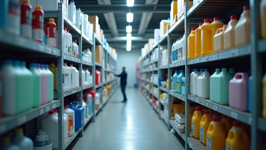 Organized janitorial supply storage room with shelves of cleaning chemicals and equipment